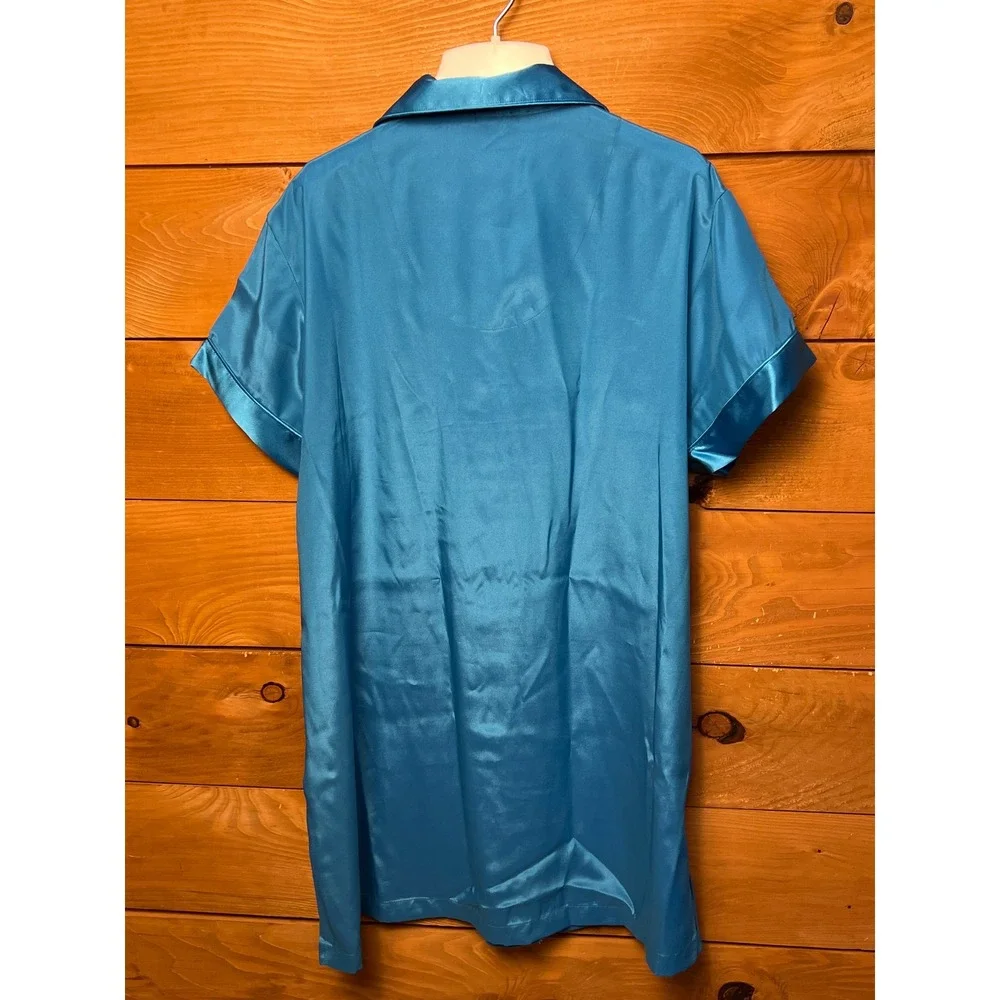 Cabernet Sleepwear Turquoise Teal Satin Button Down Pajama Nightshirt LG Lightwt